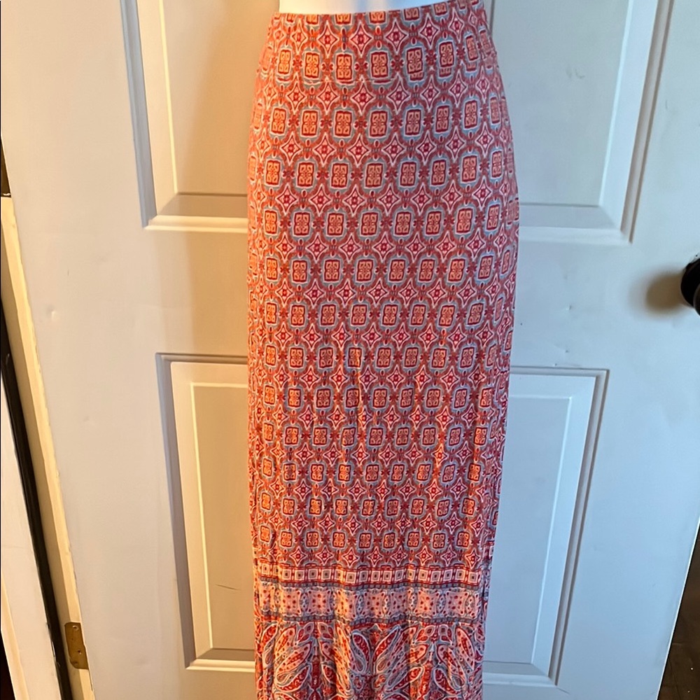 Blue and Red Pleated Trumpet Maxi Skirt